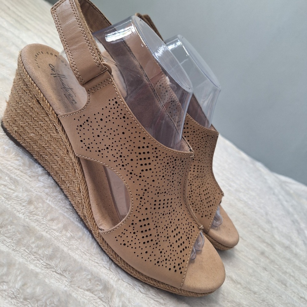 Clarks Collection Leather Espodrille Slingback Wedge Sandals Women 11 Beige Jute